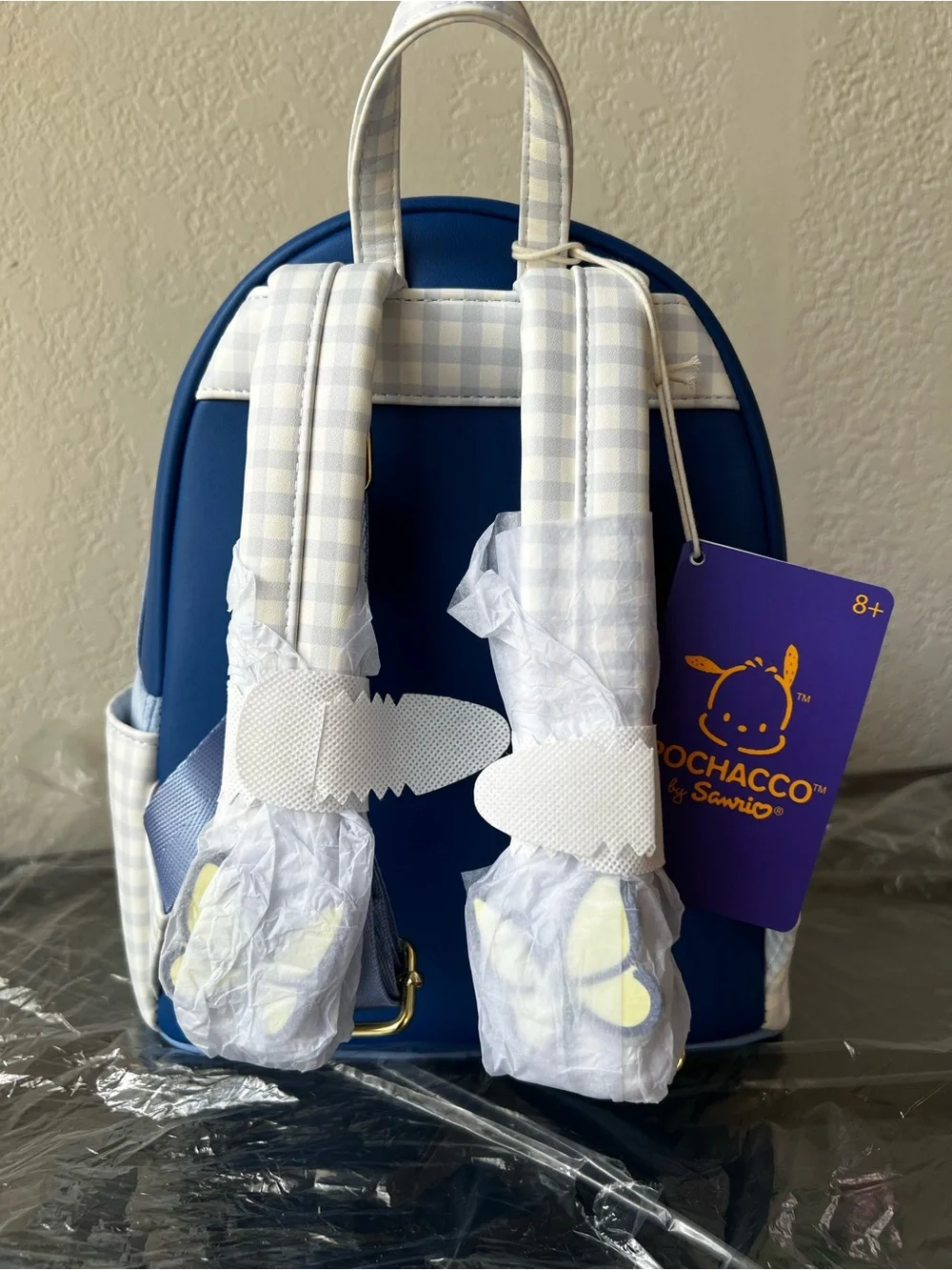 NWT Loungefly Sanrio Pochacco Blue Gingham Butterfly Moving Butt Mini Backpack